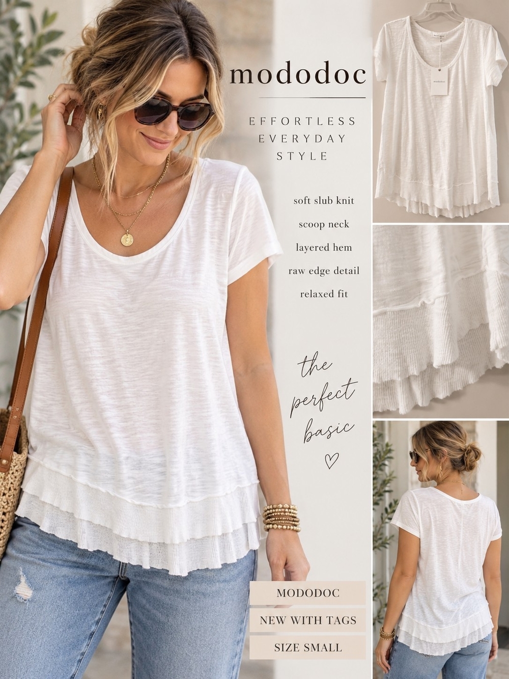 Mododoc White Halo Layered Raw Hem Scoop Neck Tee Top S NWT